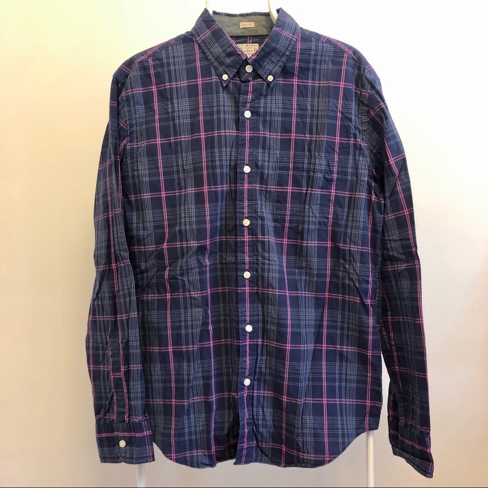 JCrew Secret Wash Slim Fit Shirt - Navy Purple Pink Plaid